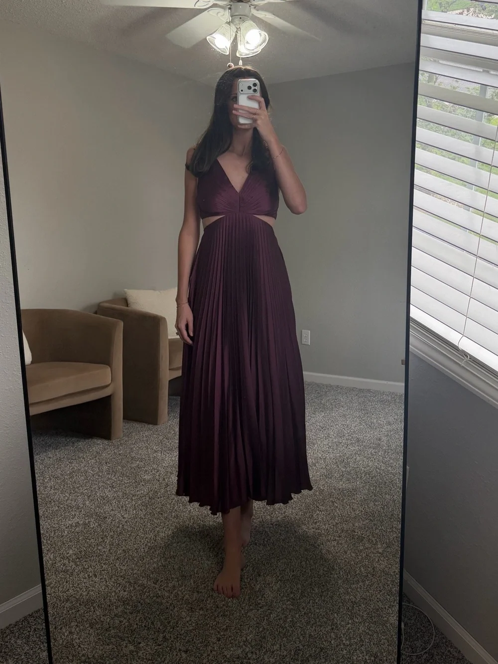 Abercrombie & Fitch Burgundy V-Neck Pleated Maxi Dress